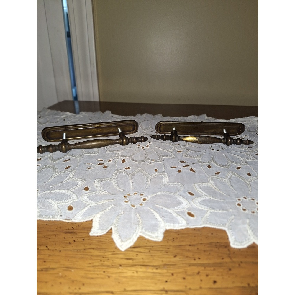 Vintage Brass Spindle Drawer Pulls Oval Backplate Cabinet Hardware Set of 2